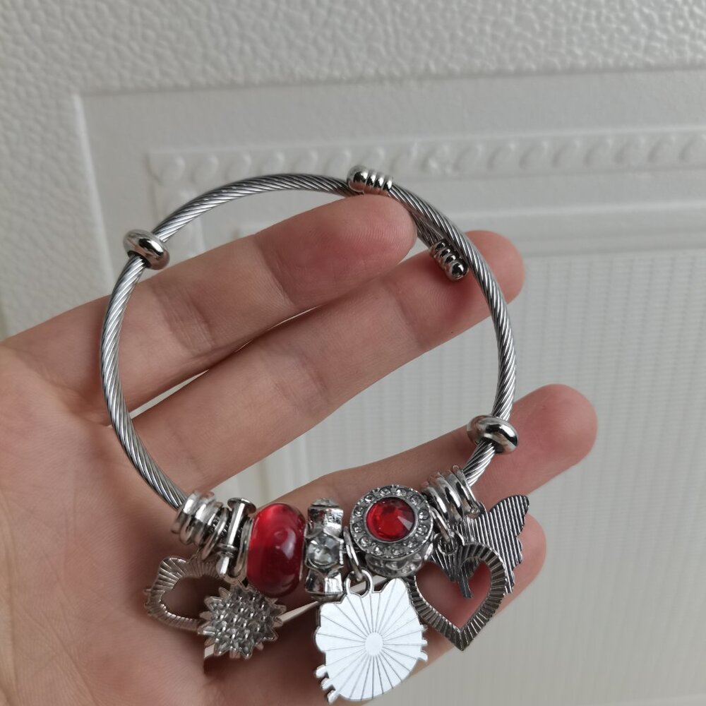 Silver & Red Hello Kitty Charm Pendant Tone Bangle Bracelet - Picture 5 of 5